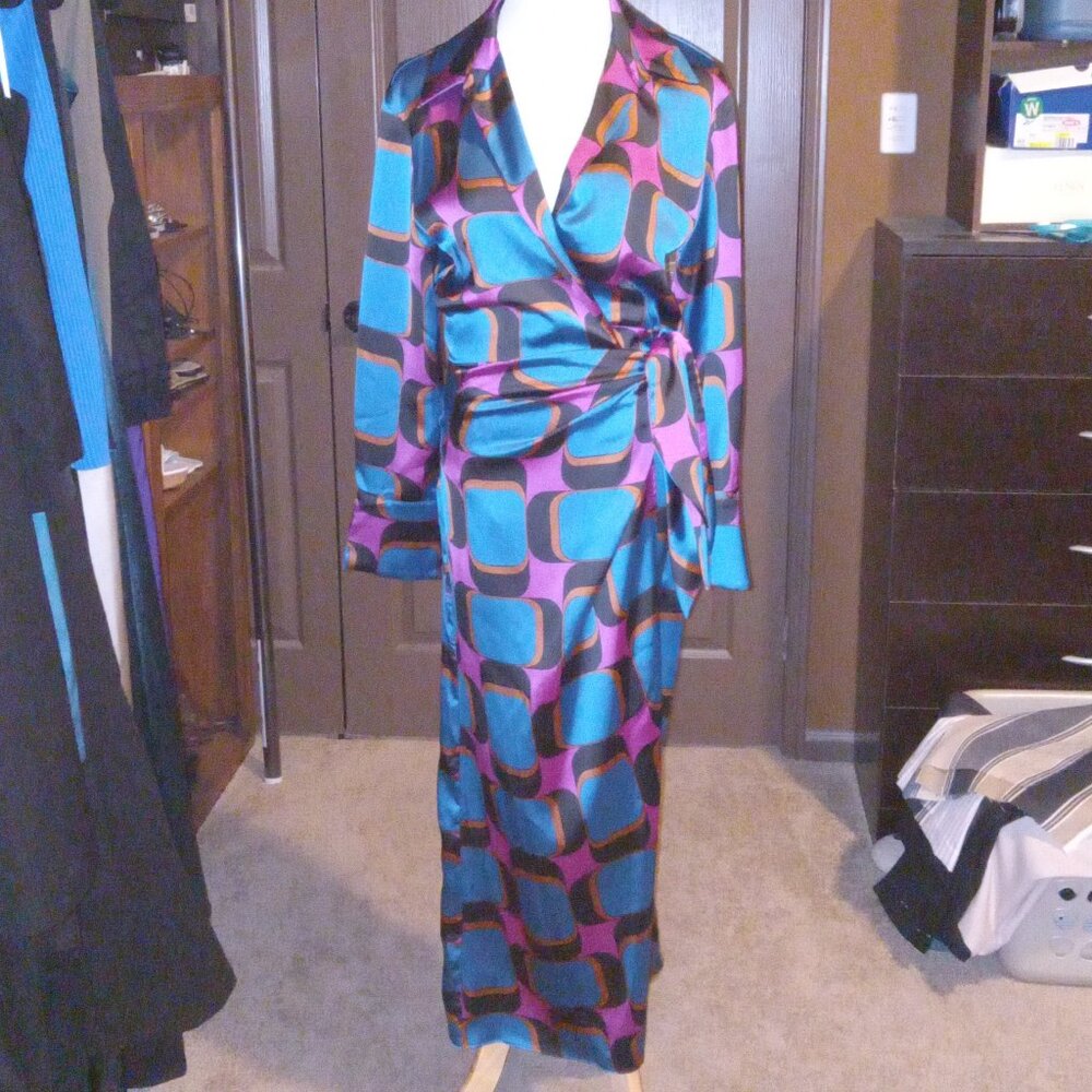 ZARA Geometric Wrap Dress, black, blue, purple, gold, size S, made in Morocco
